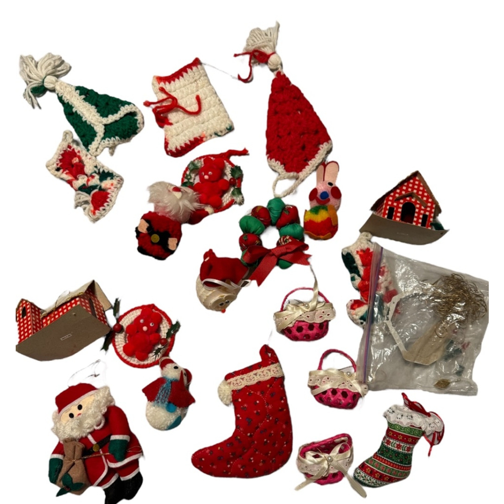 Vintage Christmas Ornaments Set Red Green Plus Bag of Fancy Hooks